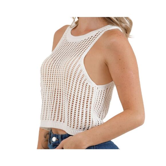 Love Tree Open Knit Top Blouse Sleeveless Cream Large Boho Festival Beach Hippie - Picture 2 of 11